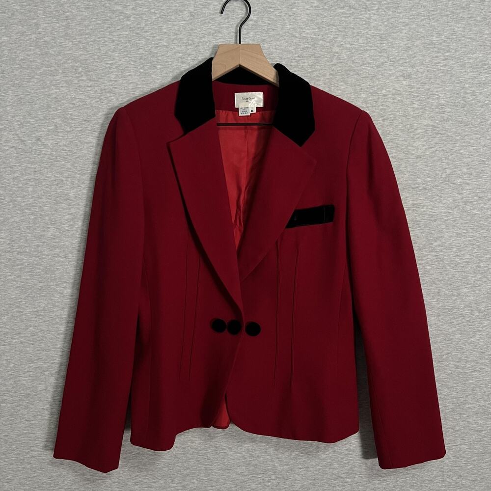 Vintage Susan Grant Blazer Womens 6 Red Wool Black Velvet USA Classic Equestrian